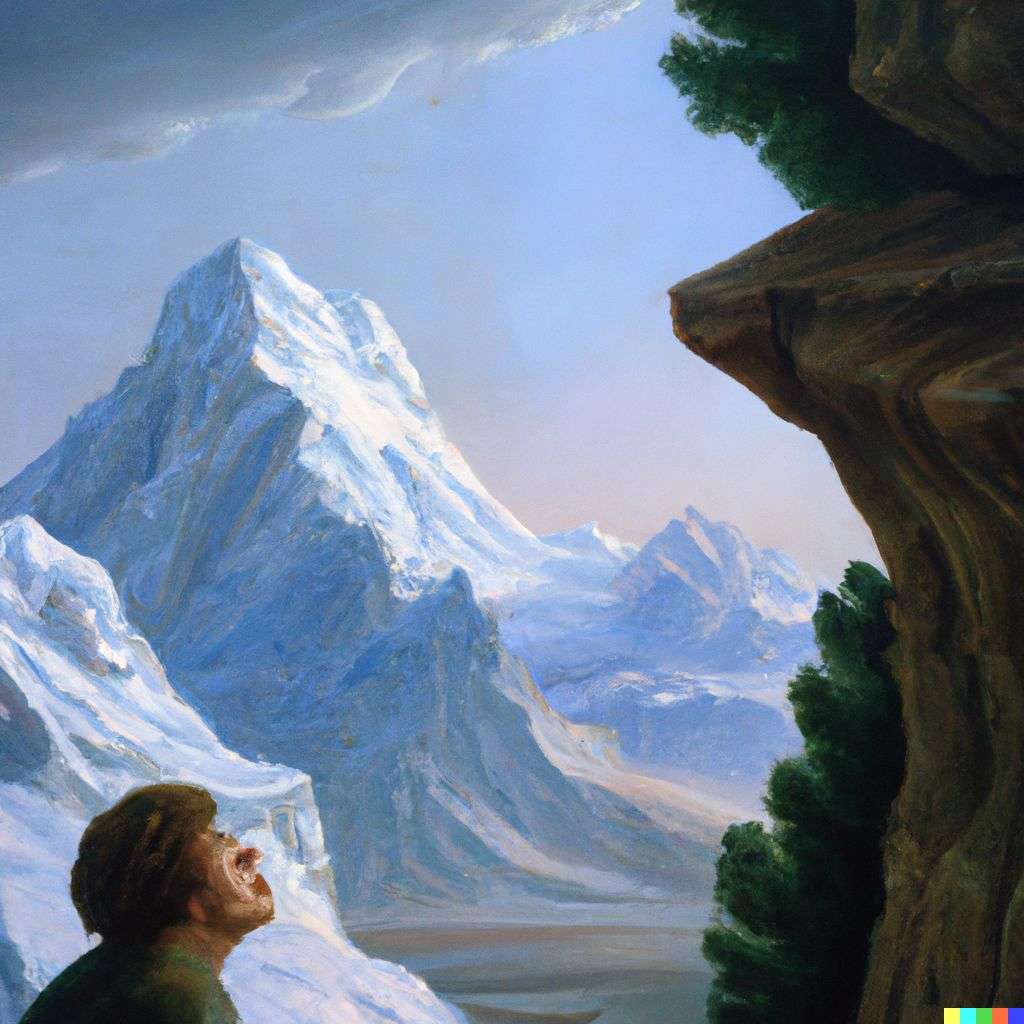 someone gazing at Mount Everest, painting by Sandro Botticelli